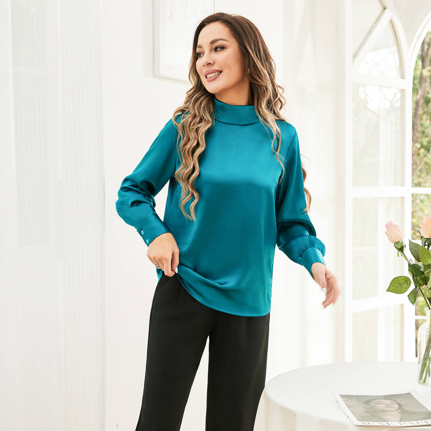 Silk Blouses For Women 100% Stand Collar Office Silk Shirts Dark Teal XS