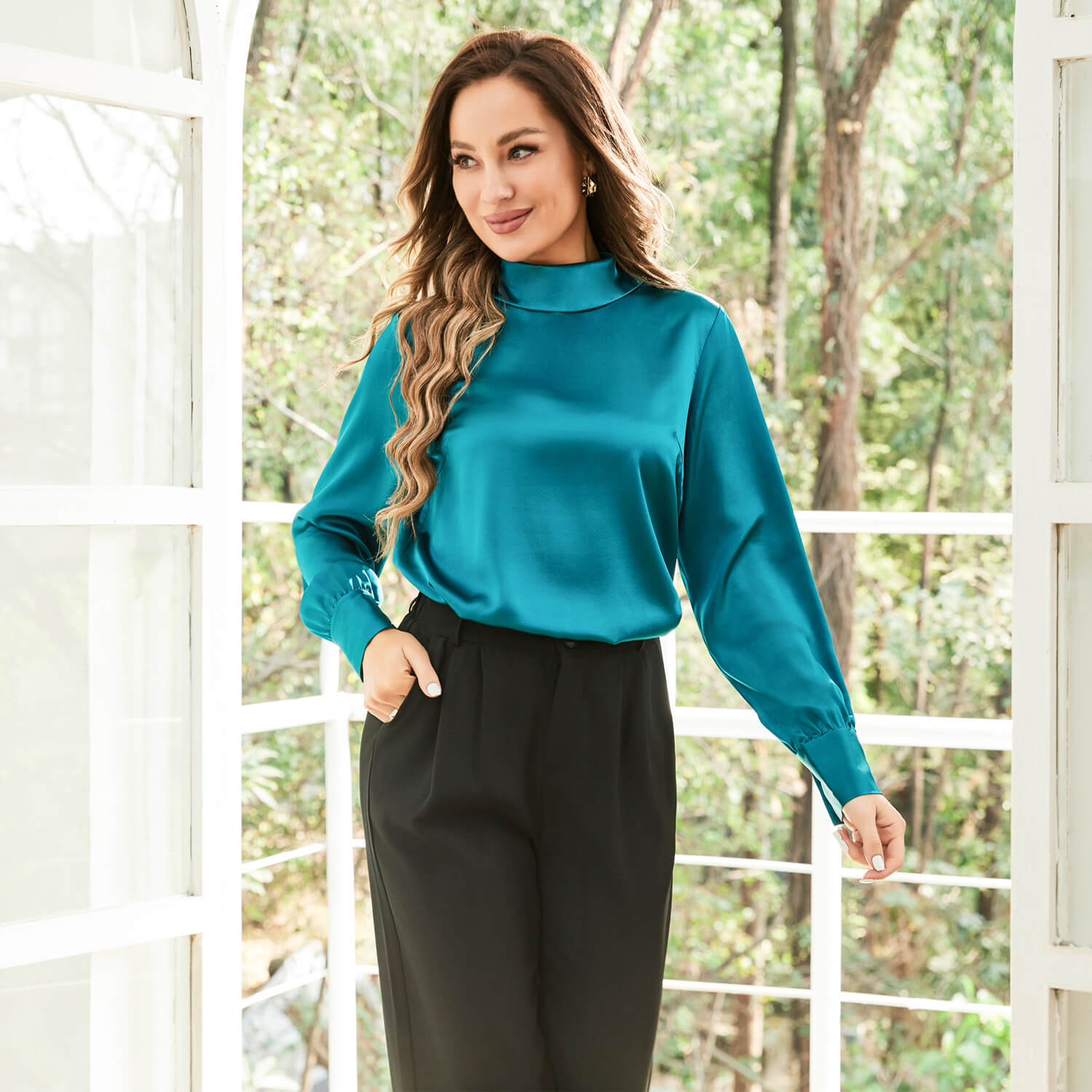 Silk Blouses For Women 100% Stand Collar Office Silk Shirts Dark Teal XS