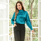 Silk Blouses For Women 100% Stand Collar Office Silk Shirts Dark Teal XS