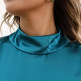Silk Blouses For Women 100% Stand Collar Office Silk Shirts Dark Teal XS
