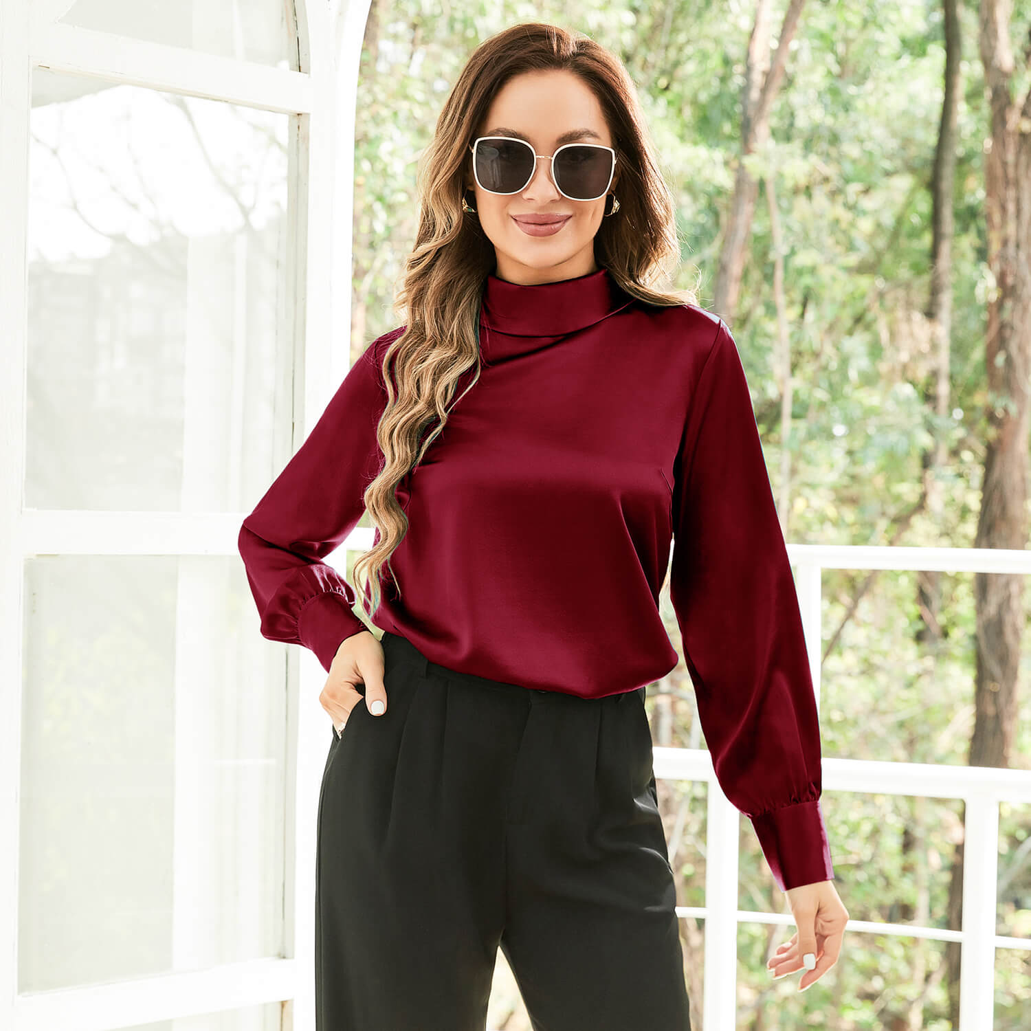 Silk Blouses For Women 100% Stand Collar Office Silk Shirts Claret XS