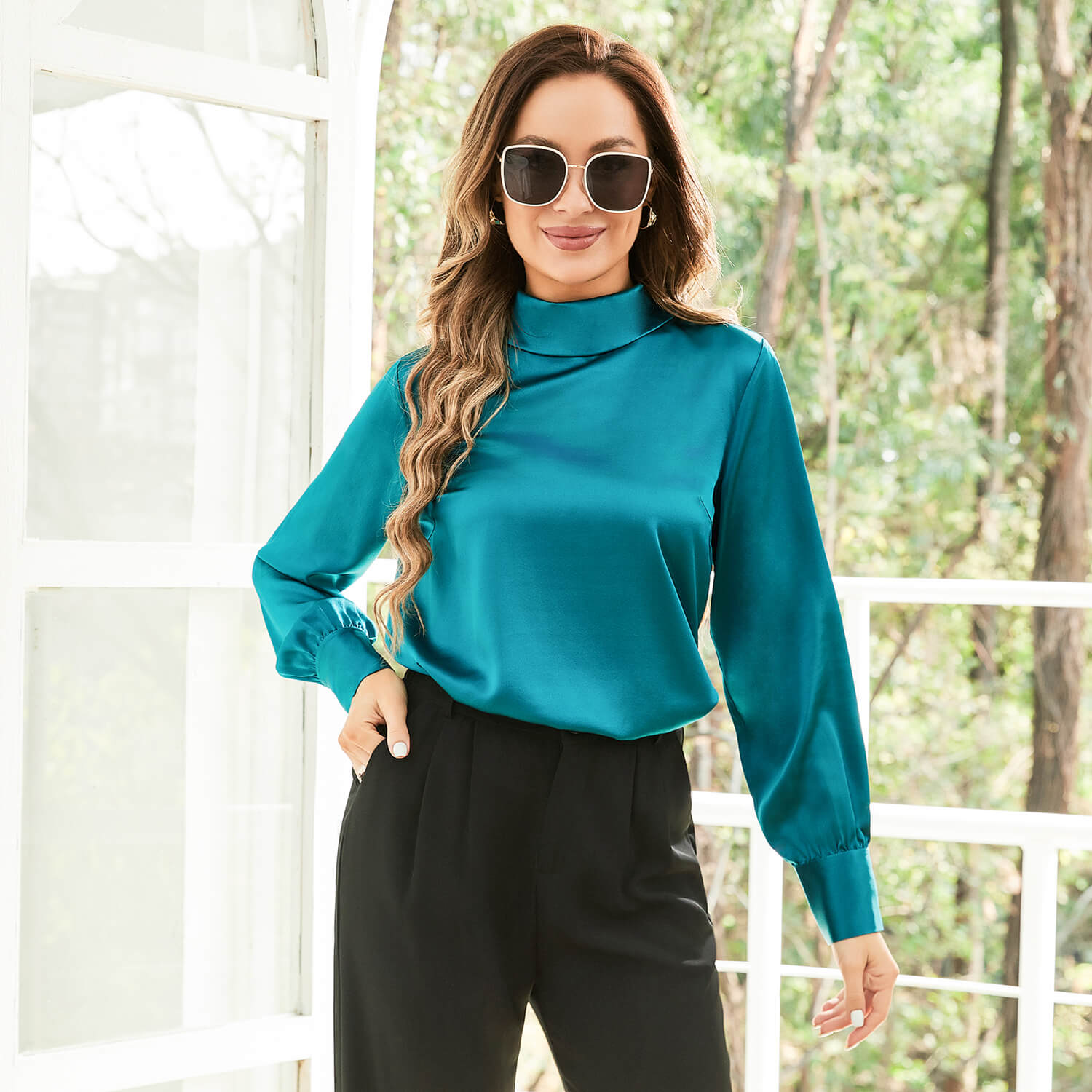 Silk Blouses For Women 100% Stand Collar Office Silk Shirts Dark Teal XS