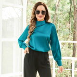 Silk Blouses For Women 100% Stand Collar Office Silk Shirts Dark Teal XS