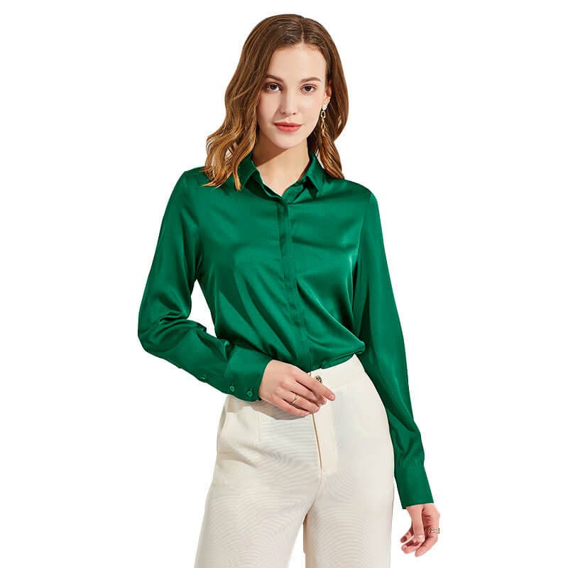 Silk Blouses For Women Long Sleeve Silk Button Shirts Green XS