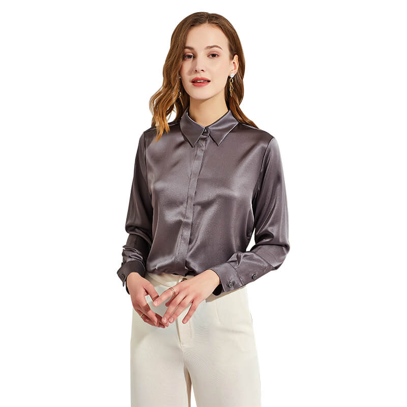 Silk Blouses For Women Long Sleeve Silk Button Shirts Haze Blue XS