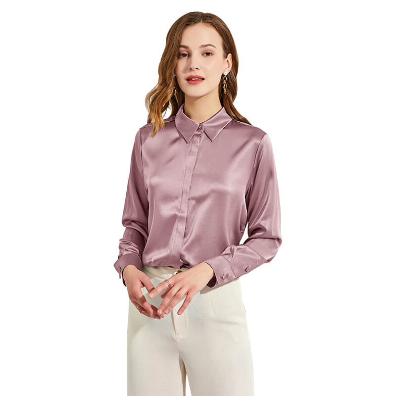 Silk Blouses For Women Long Sleeve Silk Button Shirts Haze Blue XS