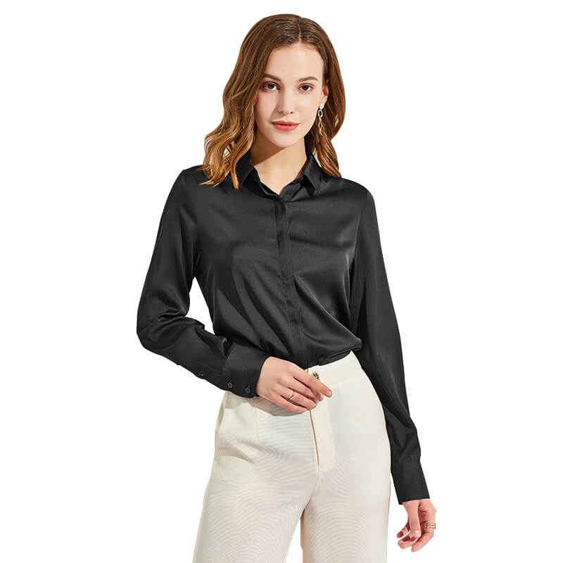 Silk Blouses For Women Long Sleeve Silk Button Shirts Black XS