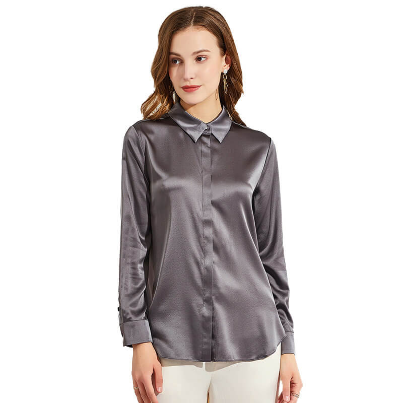 Silk Blouses For Women Long Sleeve Silk Button Shirts Haze Blue XS