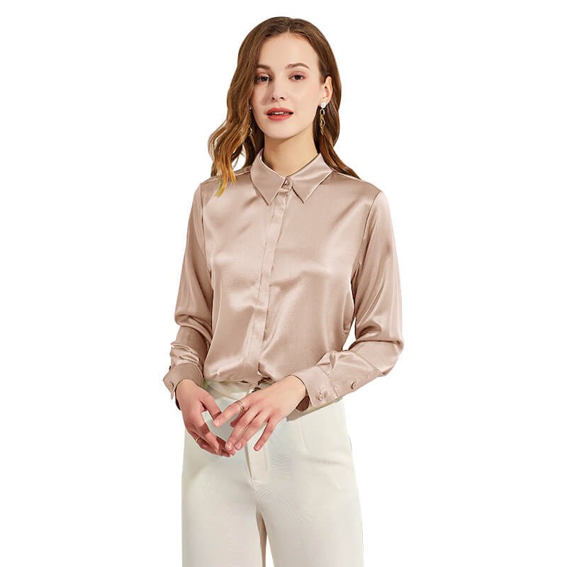 Silk Blouses For Women Long Sleeve Silk Button Shirts Champagne XS