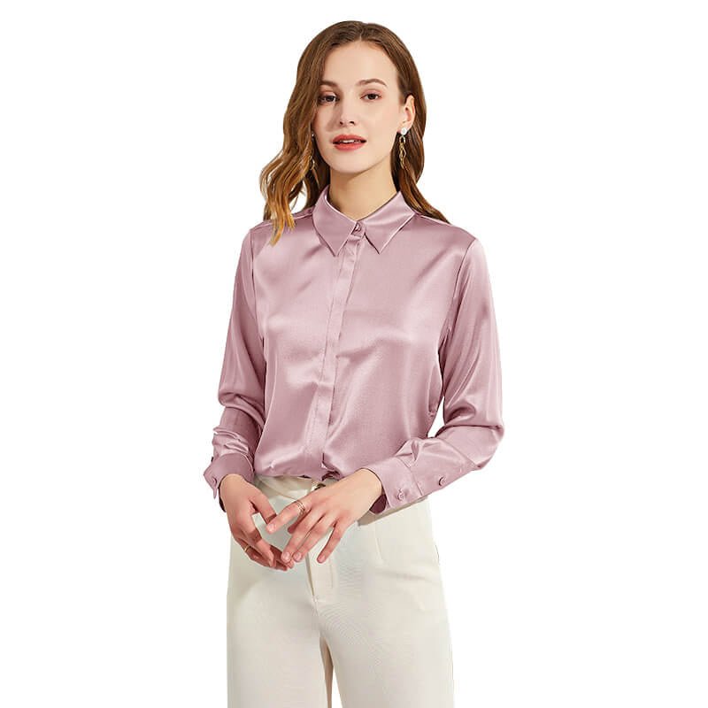 Silk Blouses For Women Long Sleeve Silk Button Shirts Rosy Pink XS