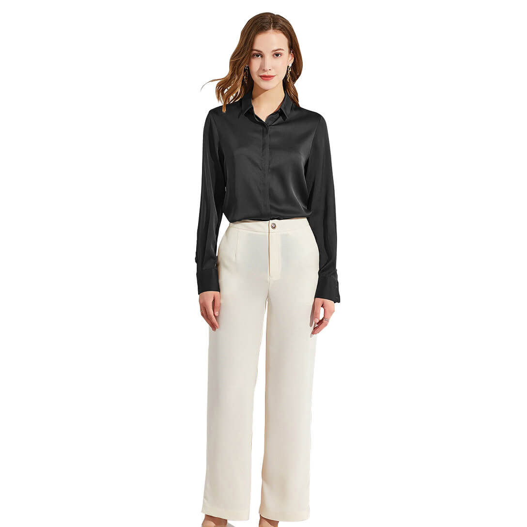 Silk Blouses For Women Long Sleeve Silk Button Shirts Black XS