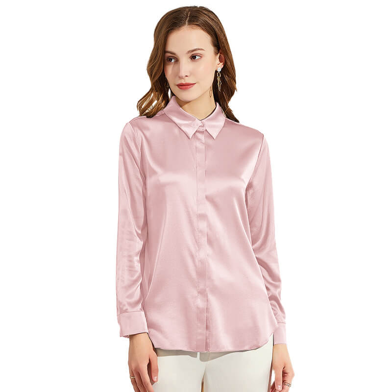 Silk Blouses For Women Long Sleeve Silk Button Shirts Haze Blue XS