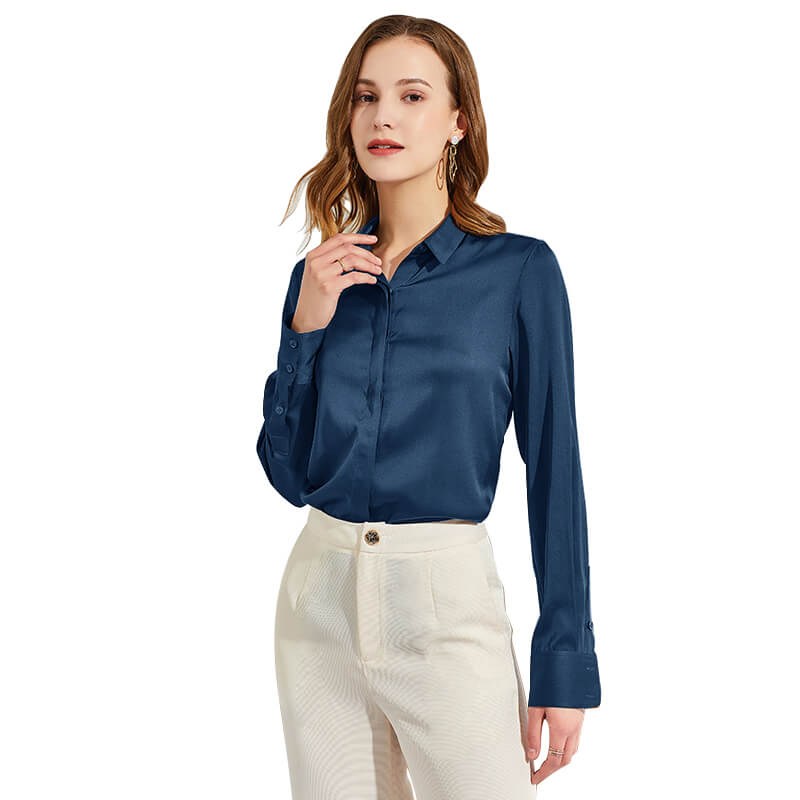 Silk Blouses For Women Long Sleeve Silk Button Shirts Black XS