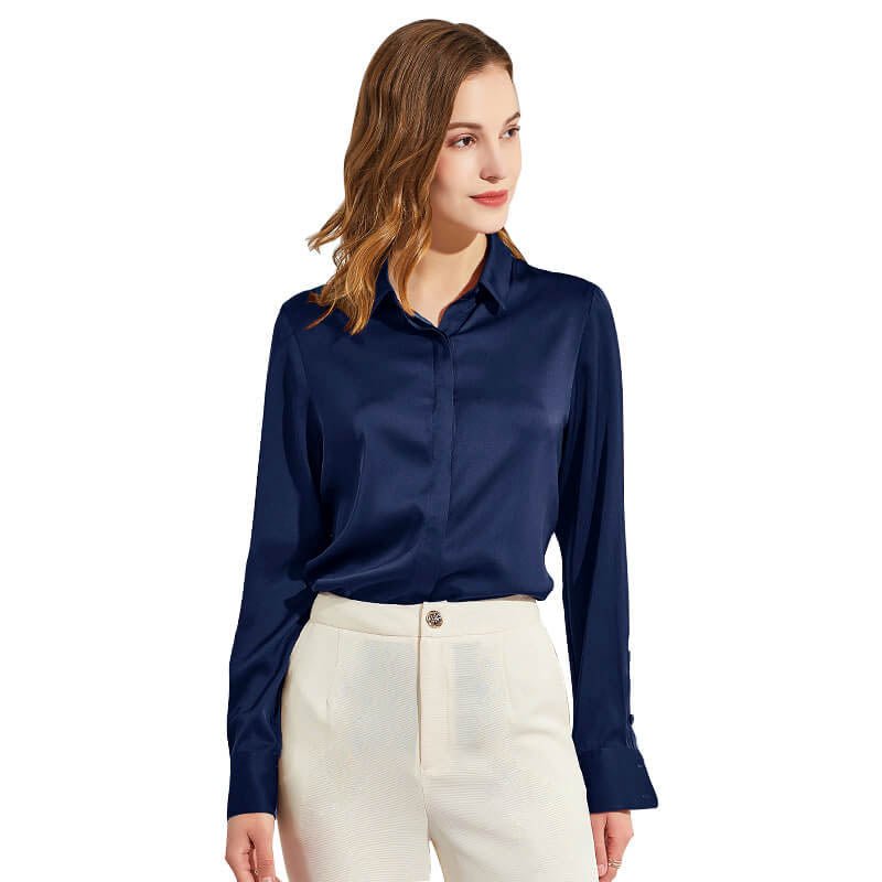 Silk Blouses For Women Long Sleeve Silk Button Shirts Navy Blue XS