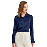 Silk Blouses For Women Long Sleeve Silk Button Shirts Navy Blue XS