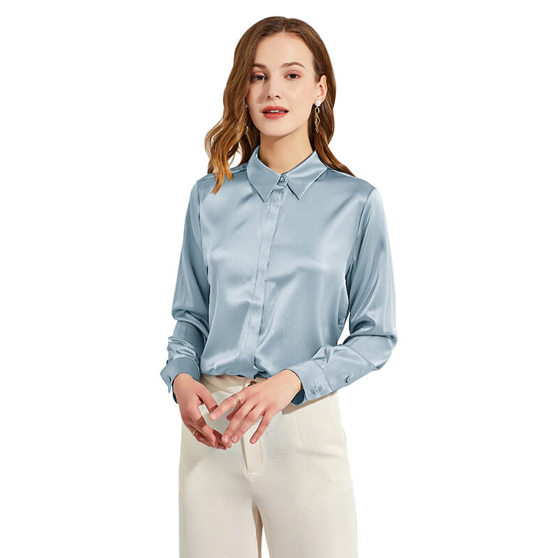 Silk Blouses For Women Long Sleeve Silk Button Shirts Haze Blue XS