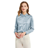 Silk Blouses For Women Long Sleeve Silk Button Shirts Haze Blue XS