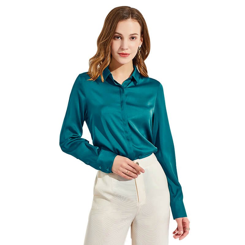 Silk Blouses For Women Long Sleeve Silk Button Shirts Dark Teal XS