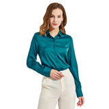 Silk Blouses For Women Long Sleeve Silk Button Shirts Dark Teal XS