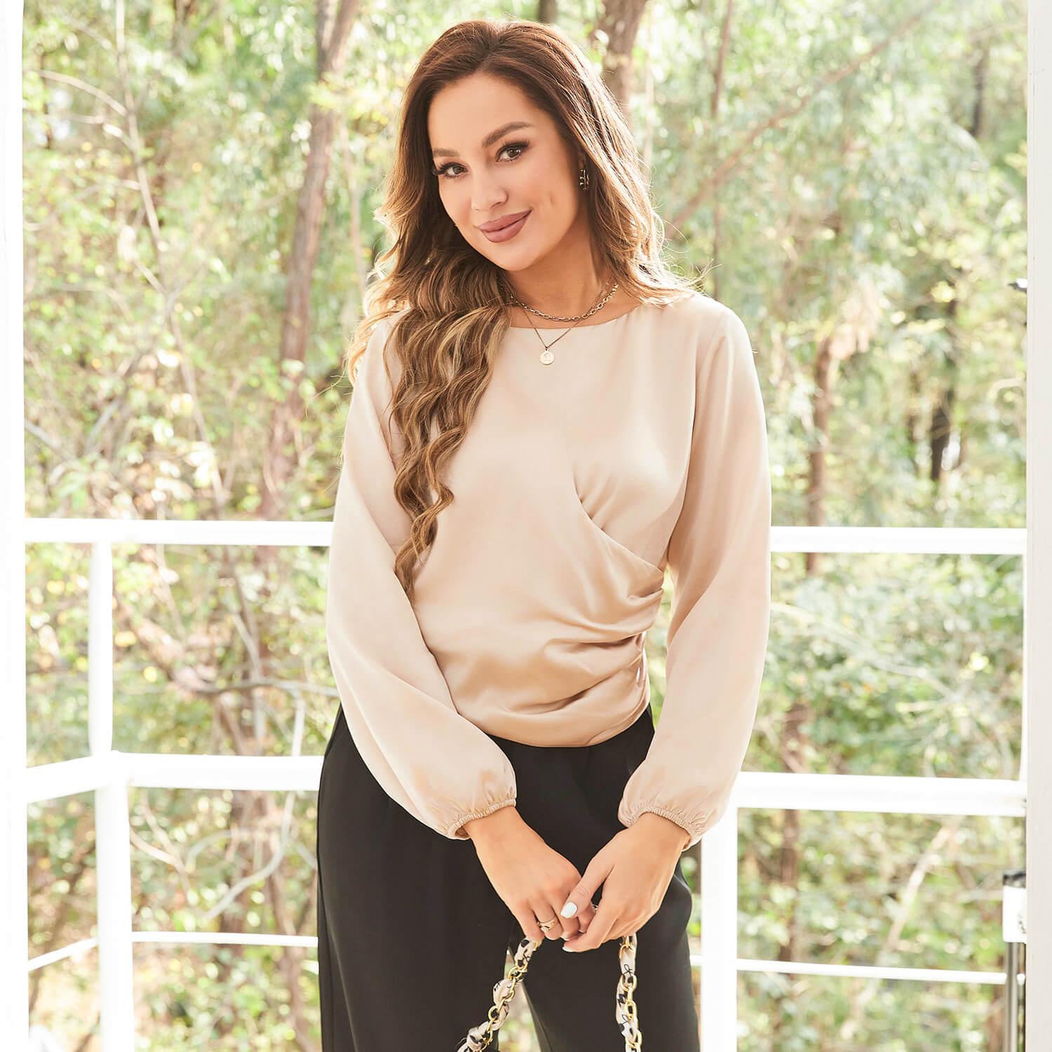 Women Silk Blouses Dressy Long Sleeve Pleated Silk Wrap Tops Champagne XS