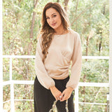 Women Silk Blouses Dressy Long Sleeve Pleated Silk Wrap Tops Champagne XS