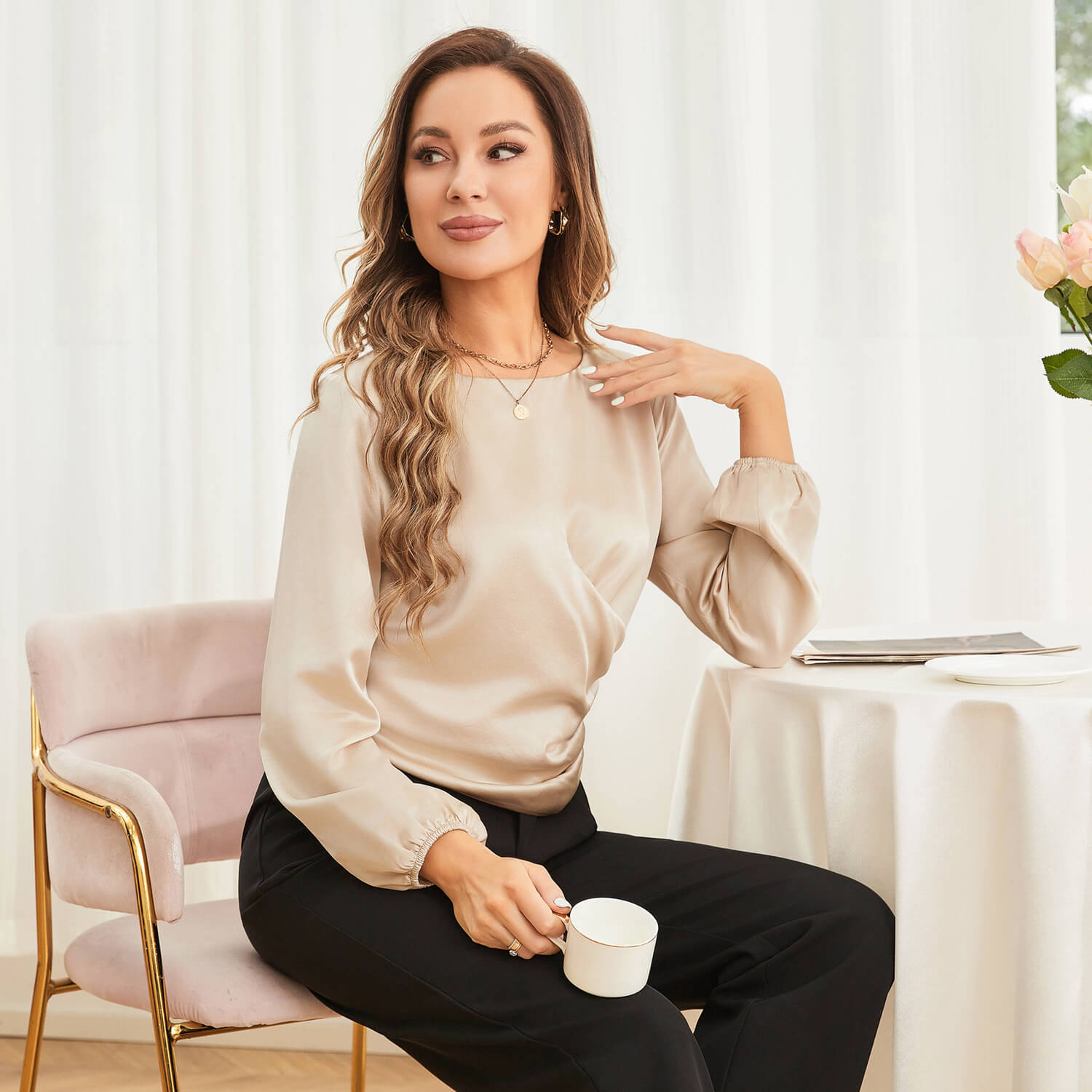 Women Silk Blouses Dressy Long Sleeve Pleated Silk Wrap Tops Champagne XS