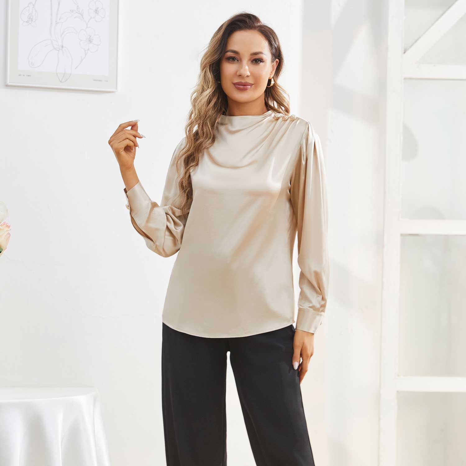 Silk Blouses For Women Dressy Long Mock Neck Silk Shirts Champagne XS
