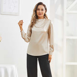 Silk Blouses For Women Dressy Long Mock Neck Silk Shirts Champagne XS