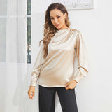 Silk Blouses For Women Dressy Long Mock Neck Silk Shirts Champagne XS