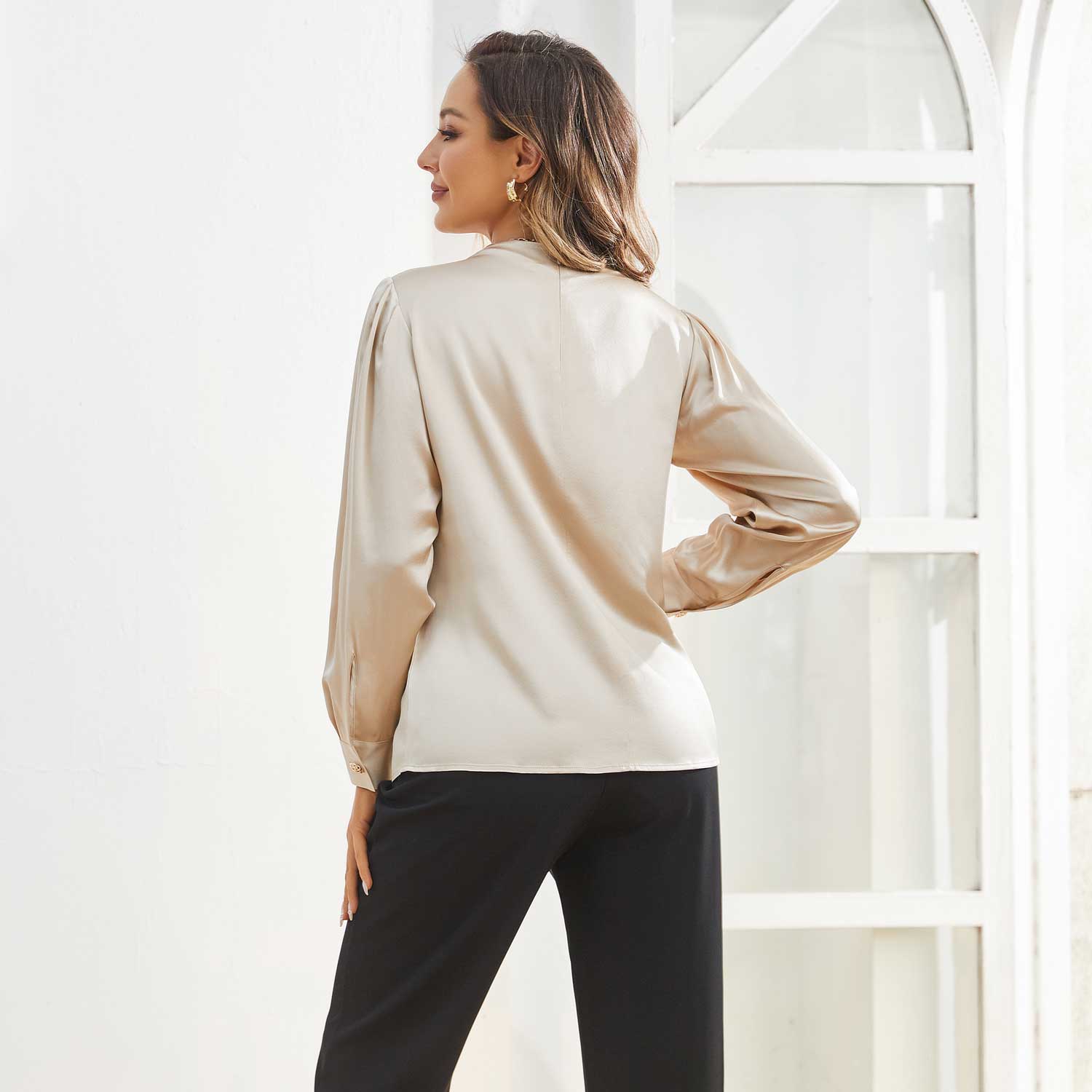Silk Blouses For Women Dressy Long Mock Neck Silk Shirts Champagne XS
