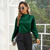 Silk Blouses For Women Dressy Long Mock Neck Silk Shirts Green XS