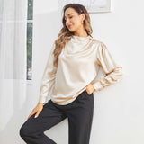 Silk Blouses For Women Dressy Long Mock Neck Silk Shirts Champagne XS