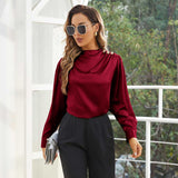 Silk Blouses For Women Dressy Long Mock Neck Silk Shirts Claret XS