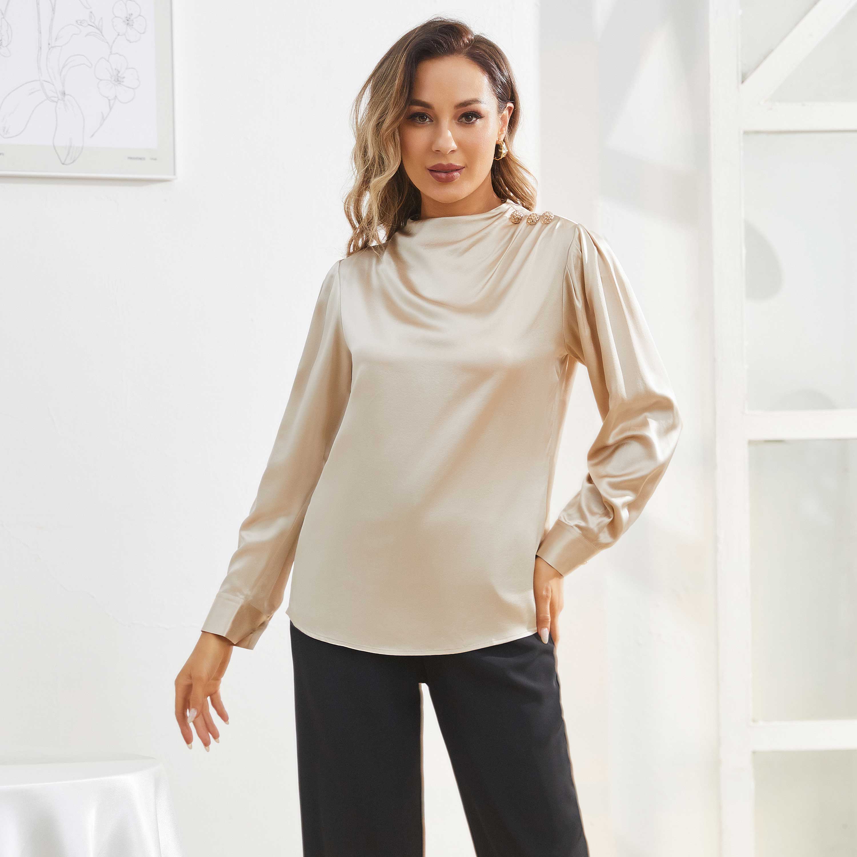 Silk Blouses For Women Dressy Long Mock Neck Silk Shirts Champagne XS