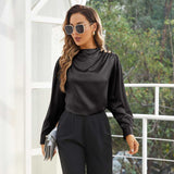Silk Blouses For Women Dressy Long Mock Neck Silk Shirts Black XS