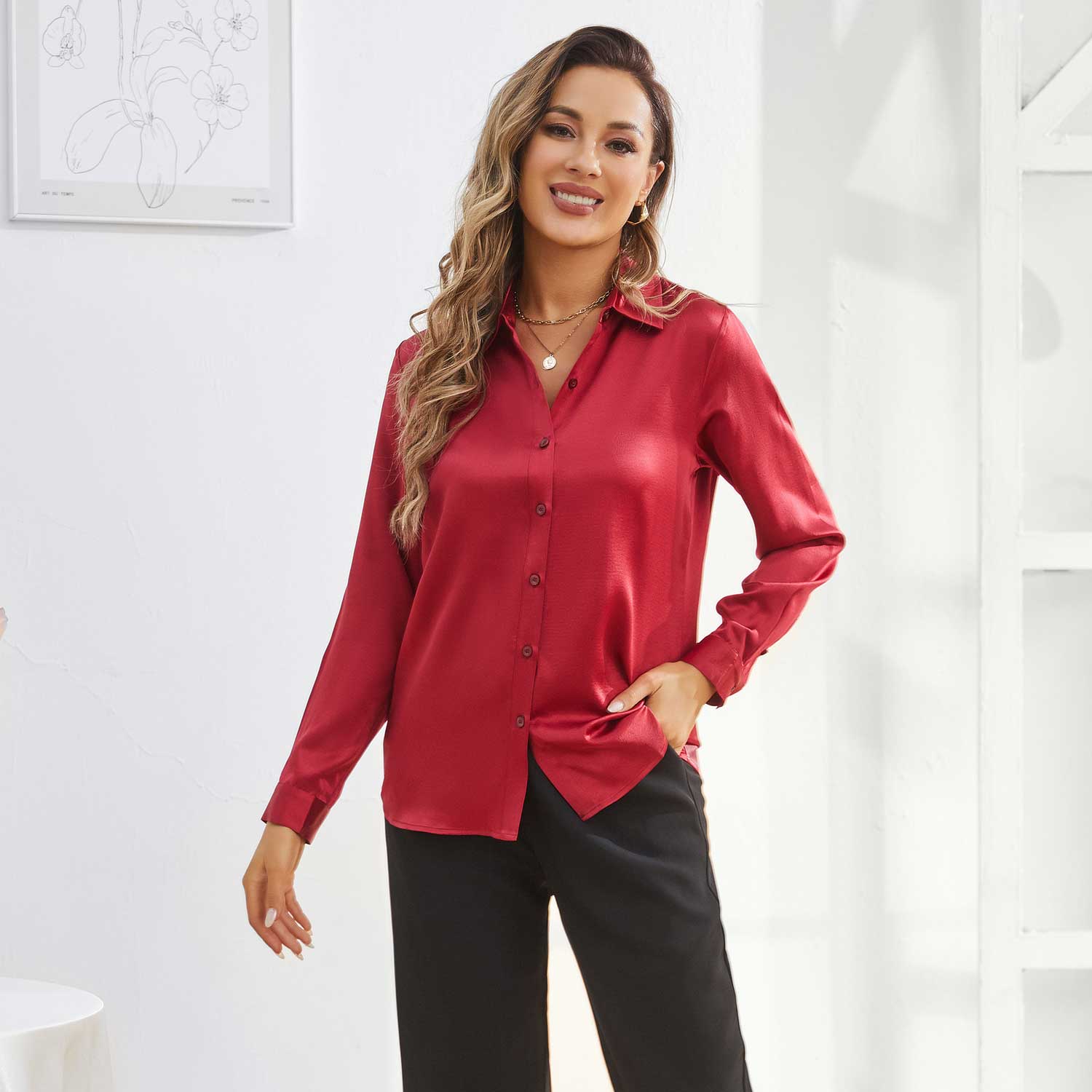 Silk Button Down Shirt For Women's Long Sleeve Silk Tops Claret XS