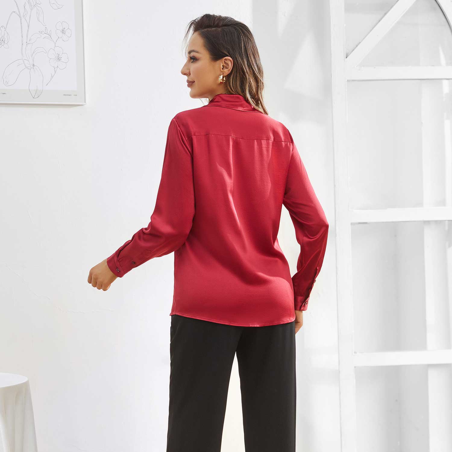 Silk Button Down Shirt For Women's Long Sleeve Silk Tops Claret XS