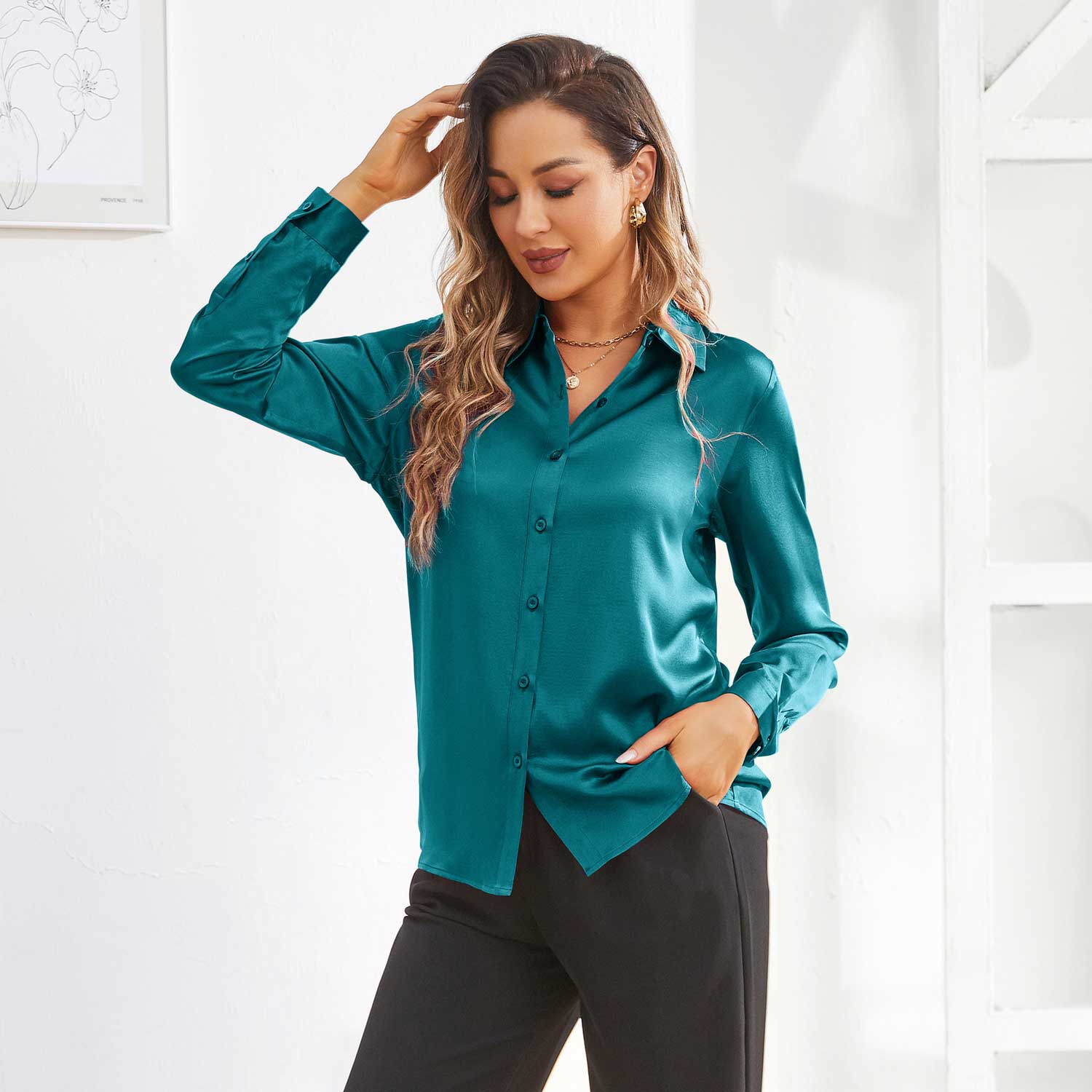 Silk Button Down Shirt For Women's Long Sleeve Silk Tops Dark Teal XS