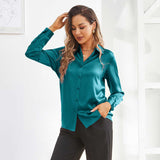 Silk Button Down Shirt For Women's Long Sleeve Silk Tops Dark Teal XS