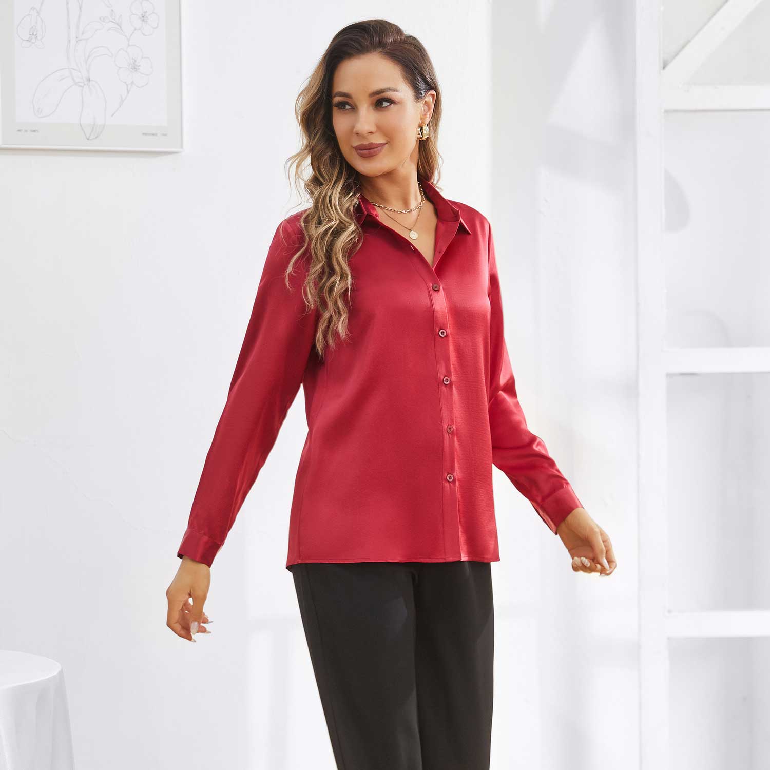 Silk Button Down Shirt For Women's Long Sleeve Silk Tops Claret XS