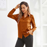 Silk Button Down Shirt For Women's Long Sleeve Silk Tops Coffee XS