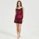 Womens Silk Camisole Lace Trim Silk Pajamas Silk Pyjamas Shorts Set Claret XS