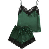 Womens Silk Camisole Lace Trim Silk Pajamas Silk Pyjamas Shorts Set Green XS