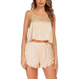 Womens Silk Camisole Ruffle Shorts Silk Pajamas Silk Two Piece Set Champagne XS