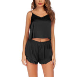 Womens Silk Camisole Ruffle Shorts Silk Pajamas Silk Two Piece Set Black XS