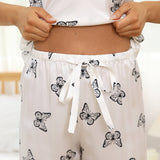 Silk Pajamas for Women Butterfly Print Silk Two Piece Set Silk Pjs White XS