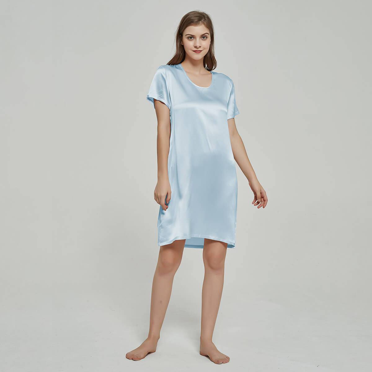 Silk Chemise Women's Short Sleeve Round Neck Silk Nightdress Light Blue XS
