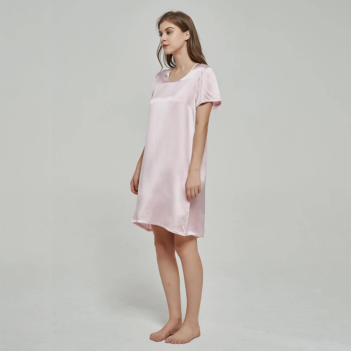 Silk Chemise Women's Short Sleeve Round Neck Silk Nightdress Rosy Pink XS