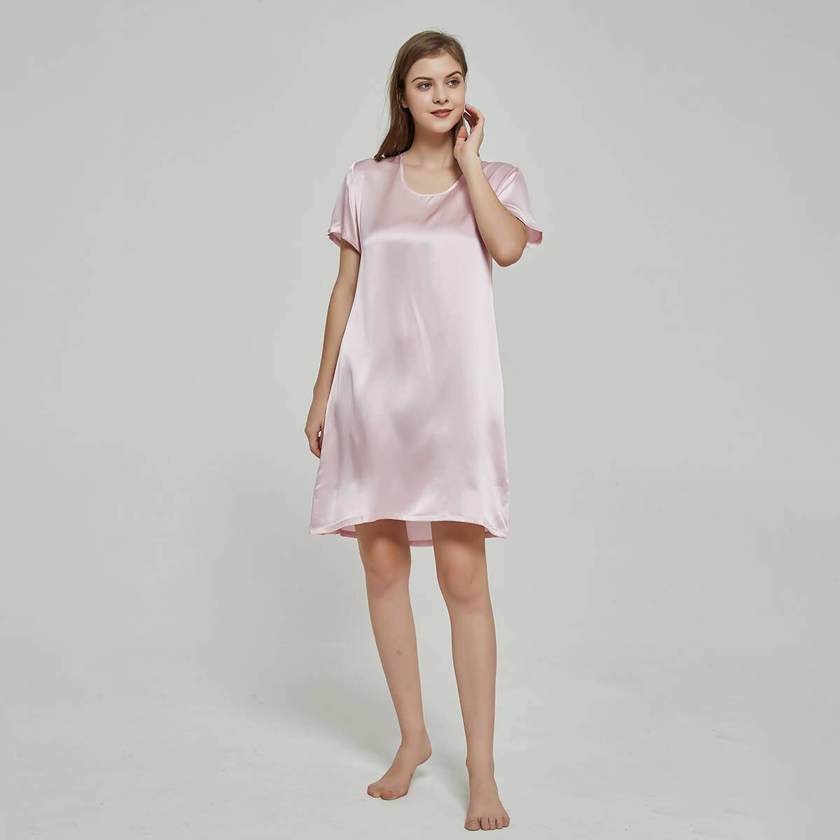 Silk Chemise Women's Short Sleeve Round Neck Silk Nightdress Rosy Pink XS