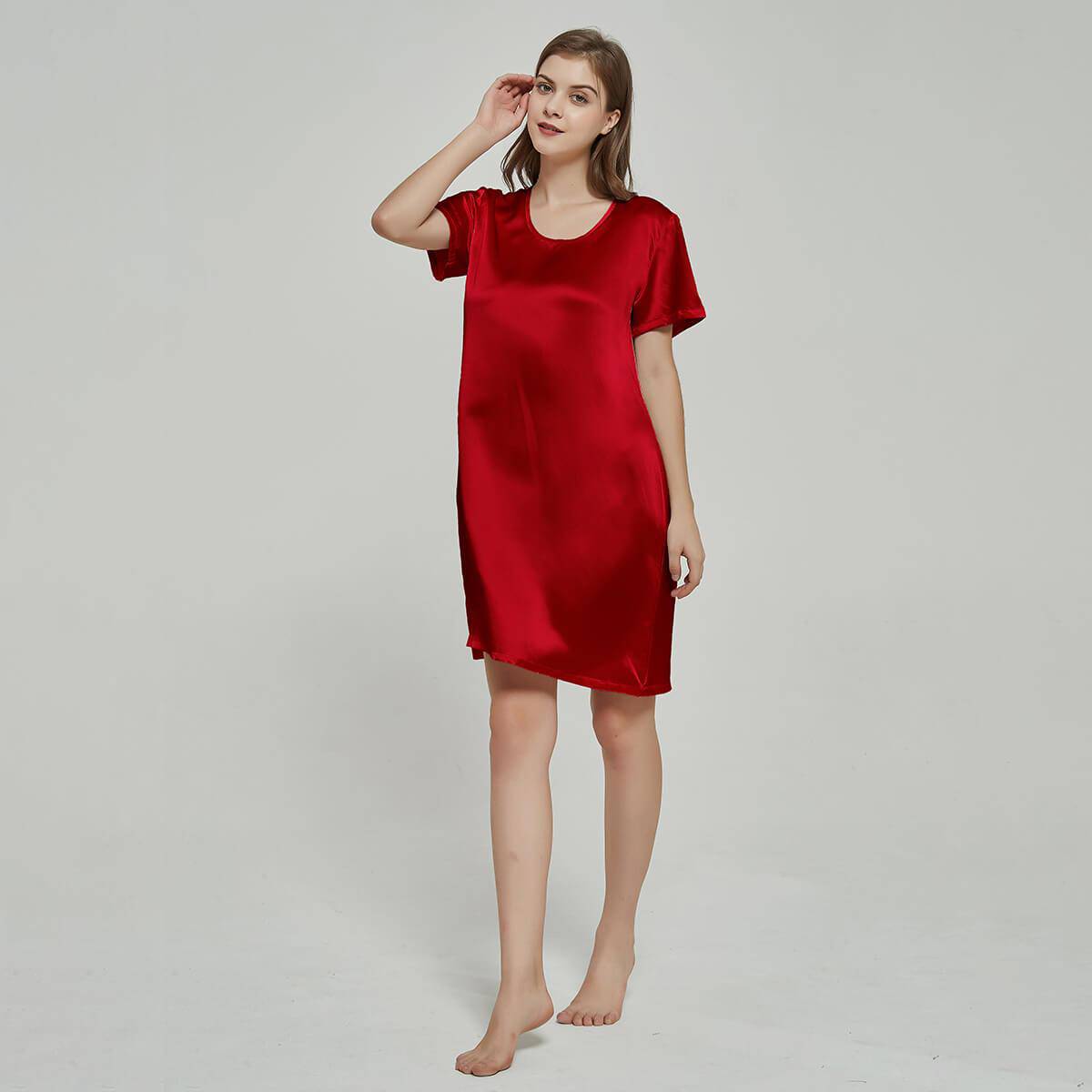 Silk Chemise Women's Short Sleeve Round Neck Silk Nightdress Claret XS